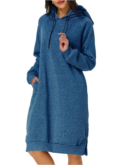 Women's Long Hoodie Dress Pocket Side Slit Sweatshirt