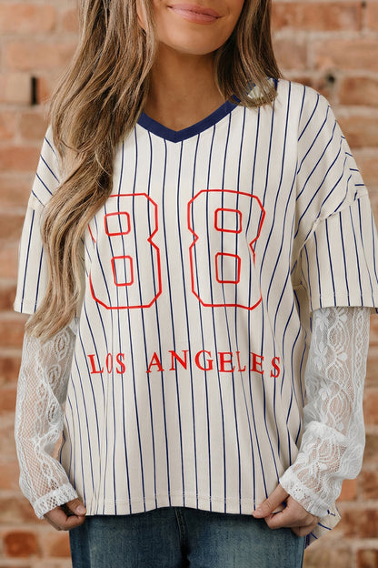 Striped 88 Graphic Lace Sleeve V Neck Faux Layered Top