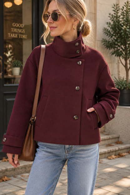 Women's Oversized Stand Collar Wool Blend Cropped Jacket