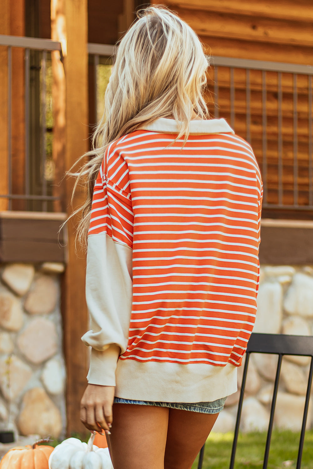 Orange Stripe Color Block Loose Fit Collared Drop Shoulder Sweatshirt