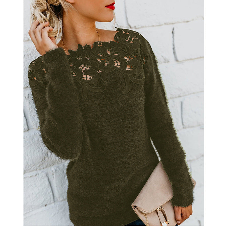Off Shoulder Lace Fuzzy Sweater Long Sleeve Plus Size