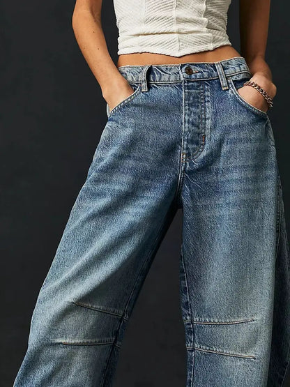 Leopard Print Washed Denim Barrel Leg Jeans High Rise