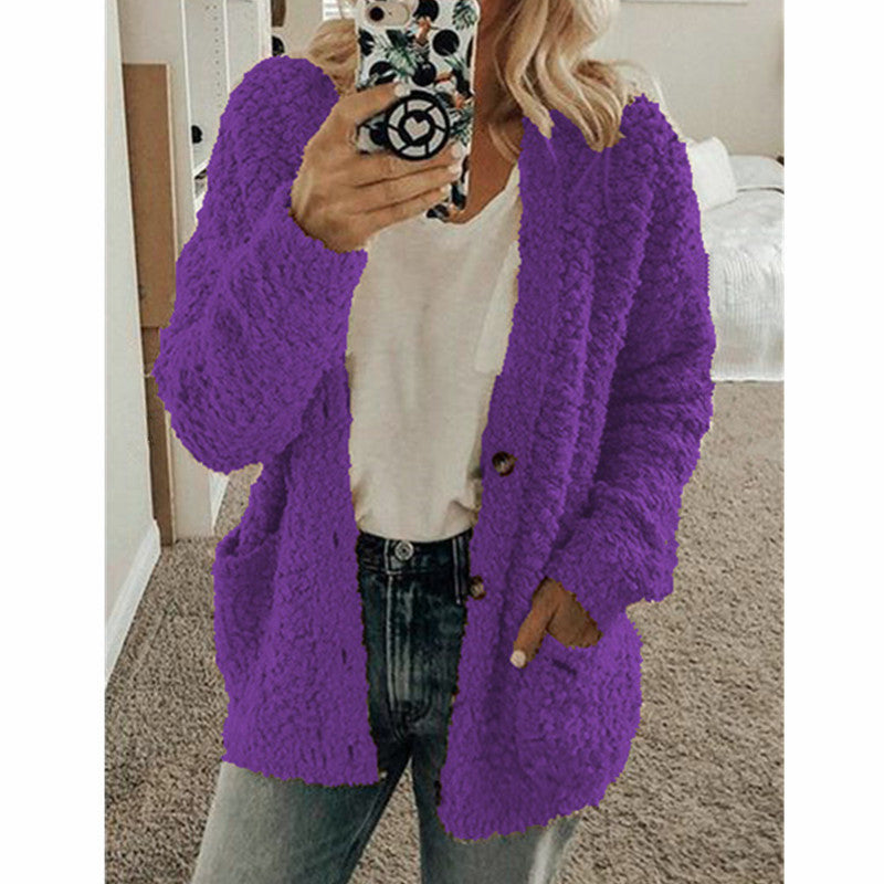 Teddy Fleece Button Front Cardigan Relaxed Fit Outerwear