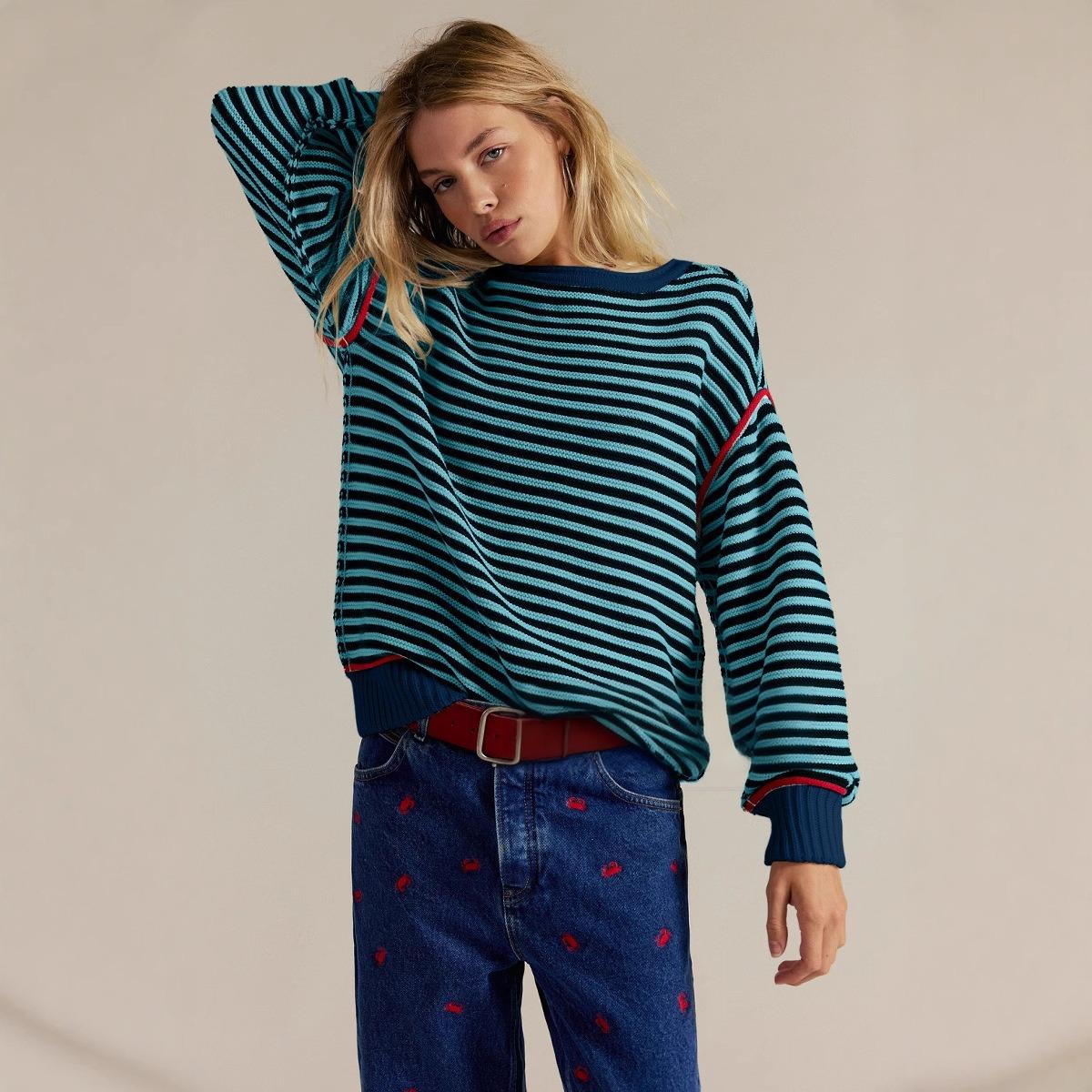 Stripe Knit Oversized Sweater Crew Neck Pullover Top