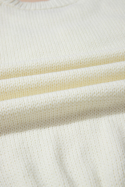 White Flower Applique Puff Sleeve Knit Sweater
