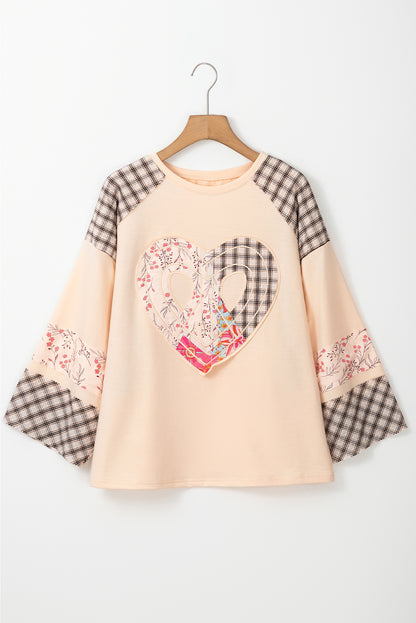 Plaid Floral Peace Heart Graphic Wide Long Sleeve Top