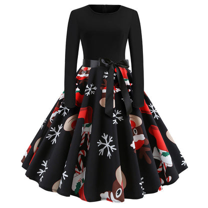 Women's Vintage Christmas Long Sleeve A-Line Dress