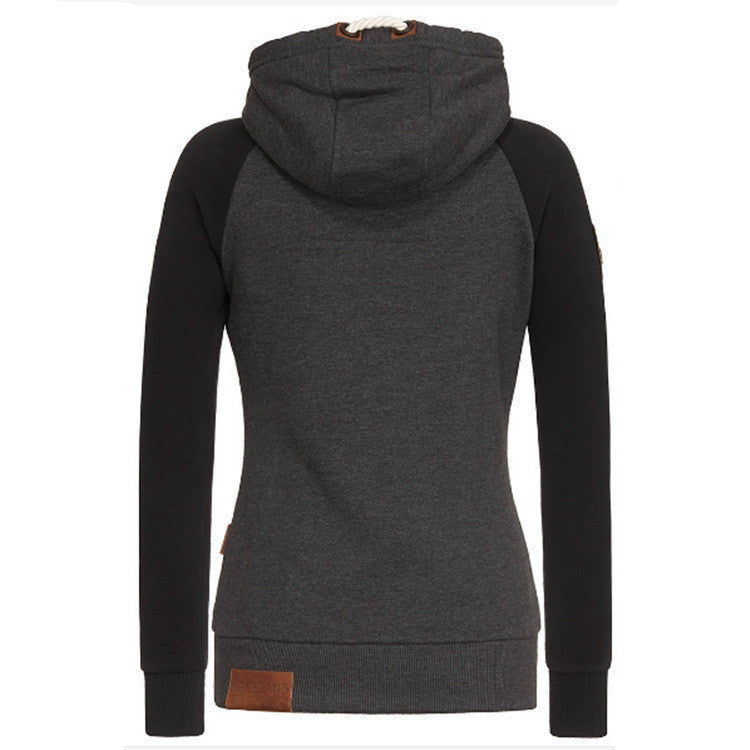 Women's Color Block Zip Up Hoodie Fleece Leather Patches