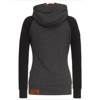 Women's Color Block Zip Up Hoodie Fleece Leather Patches
