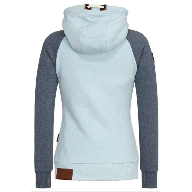 Women's Color Block Zip Up Hoodie Fleece Leather Patches