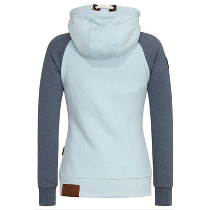 Women's Color Block Zip Up Hoodie Fleece Leather Patches