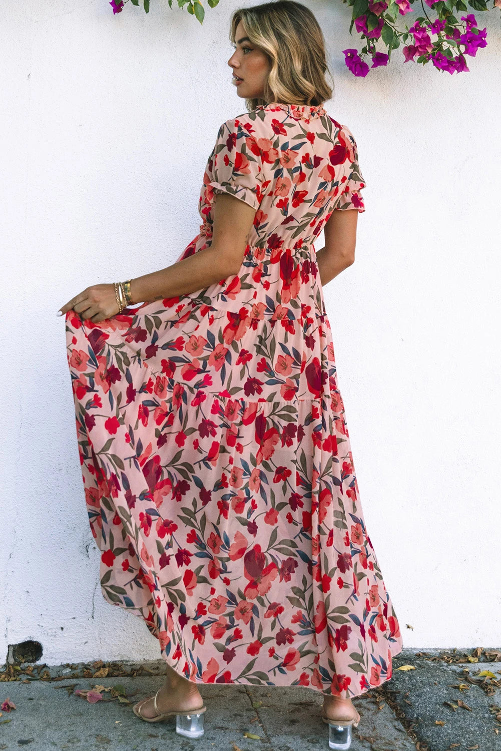 Sky Blue Floral V Neck Ruffle Short Sleeve Maxi Dress