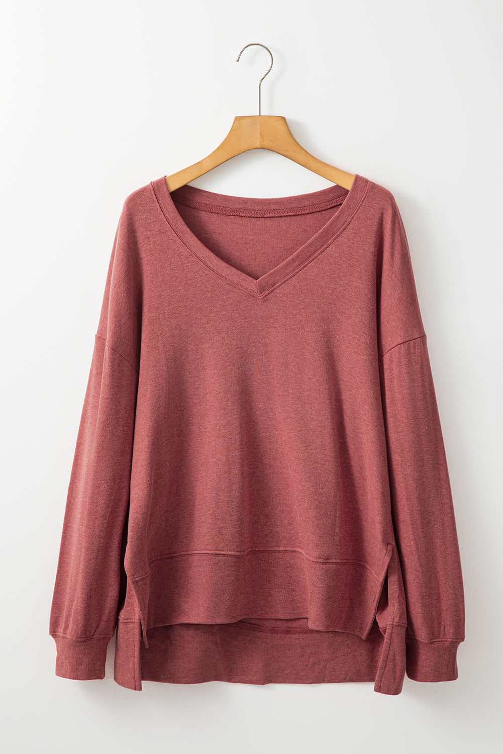Washed Burgundy V Neck Long Sleeve Casual Tunic Top
