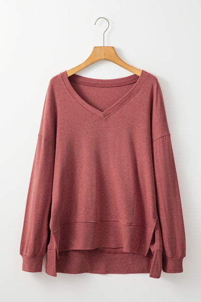 Washed Burgundy V Neck Long Sleeve Casual Tunic Top