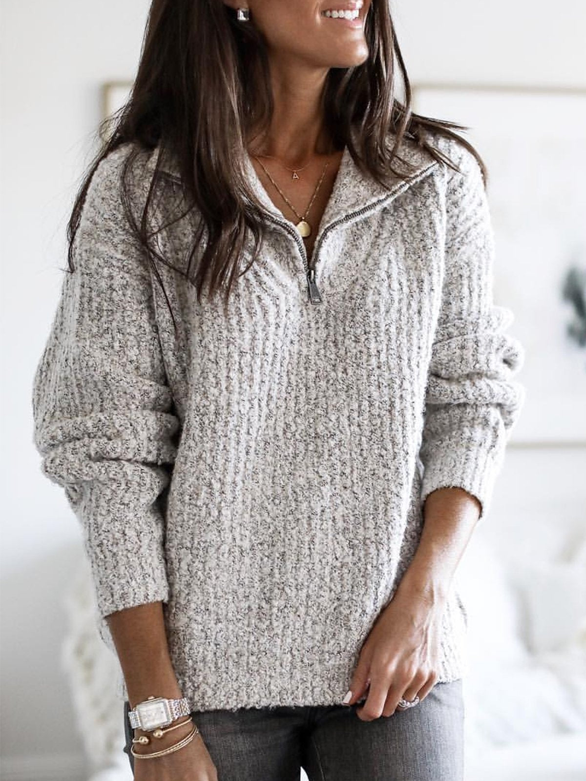 Women's Oversized Quarter Zip Knit Pullover Sweater