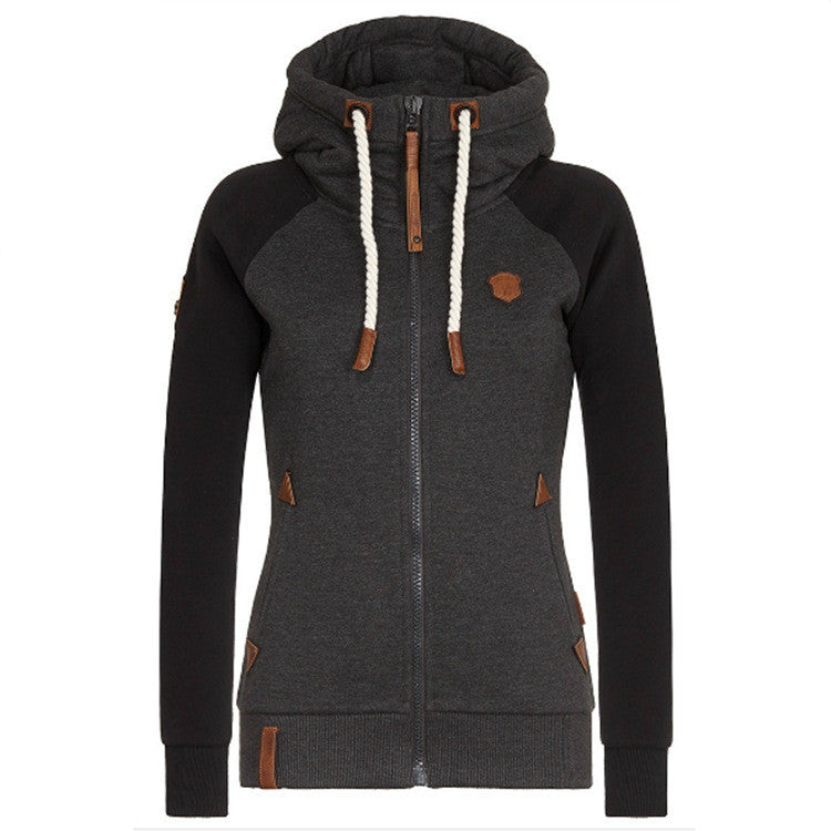 Women's Color Block Zip Up Hoodie Fleece Leather Patches