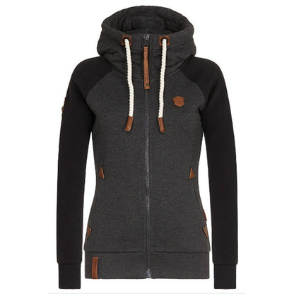 Women's Color Block Zip Up Hoodie Fleece Leather Patches