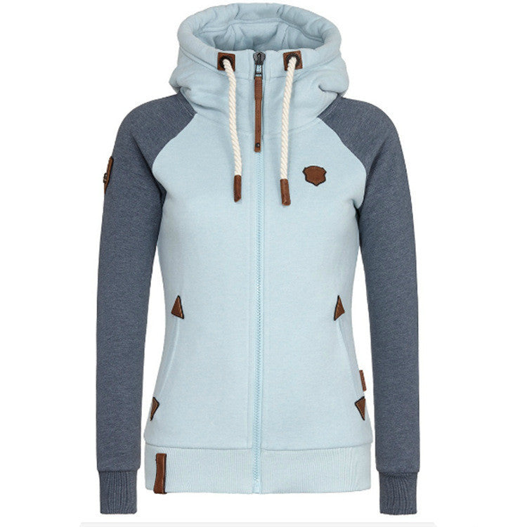 Women's Color Block Zip Up Hoodie Fleece Leather Patches