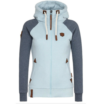 Women's Color Block Zip Up Hoodie Fleece Leather Patches