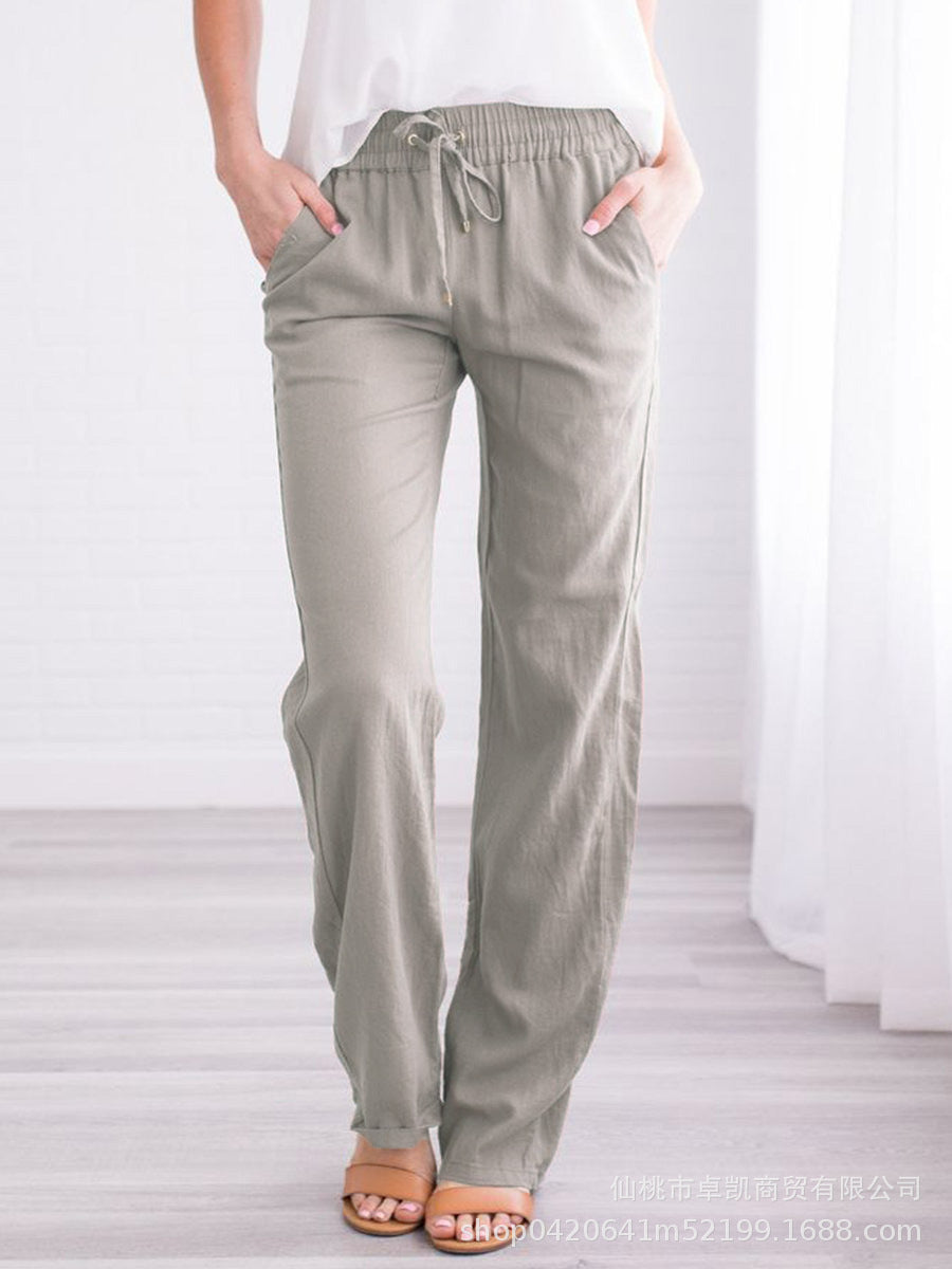 Women's Cotton Linen Drawstring Wide Leg Pants
