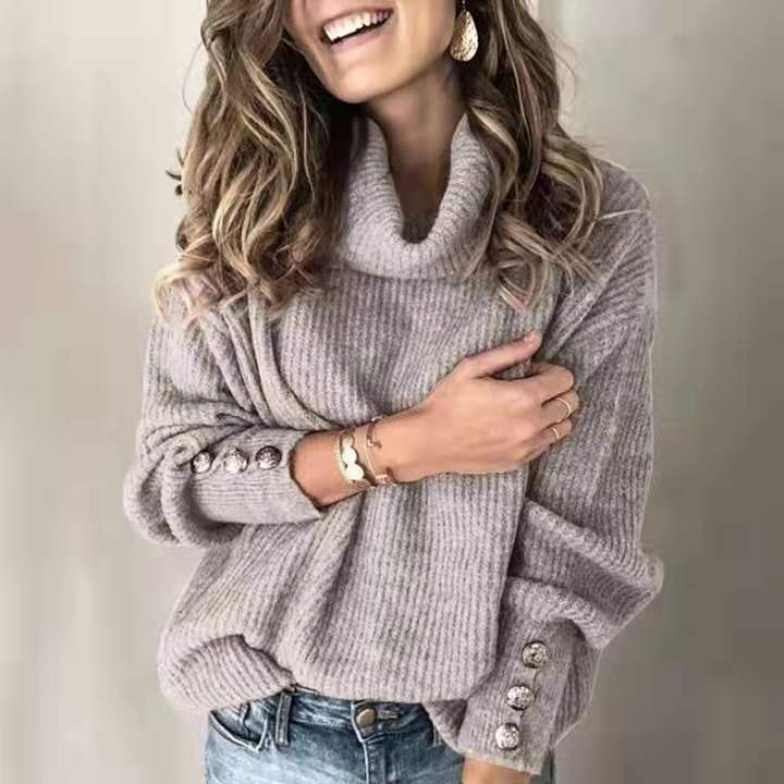 Women's Oversized Cowl Neck Sweater Button Sleeve Pullover