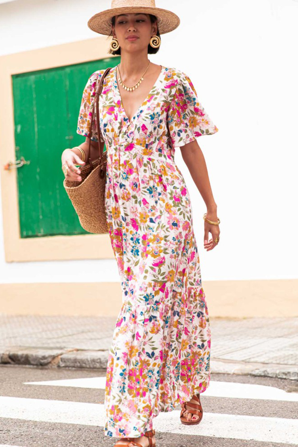 Easter Floral V Neck Short Sleeve Boho Maxi Dress