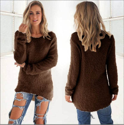 Fuzzy Knit Long Sleeve Sweater Top Round Neck Slim Fit