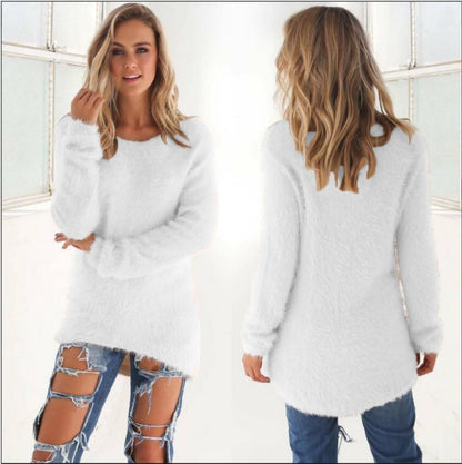 Fuzzy Knit Long Sleeve Sweater Top Round Neck Slim Fit