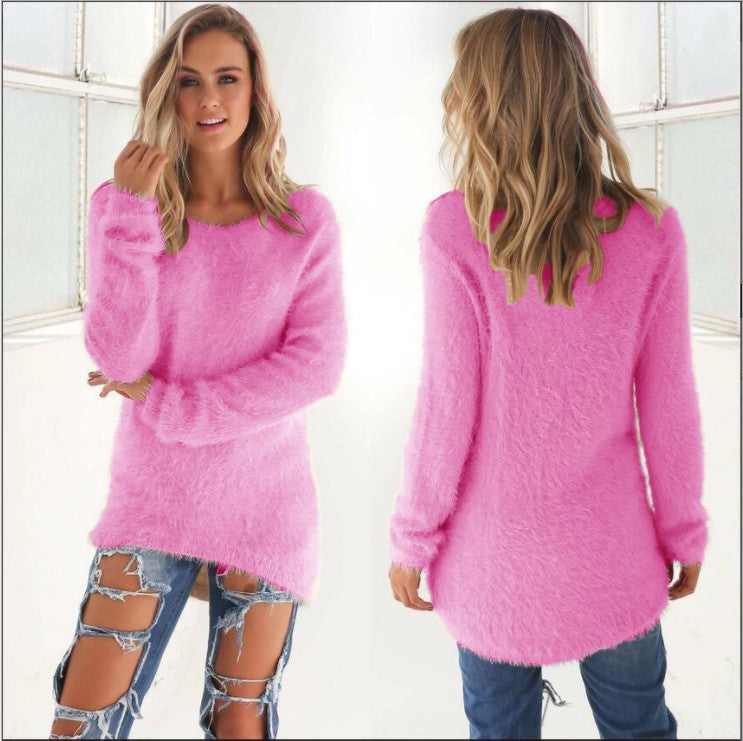 Fuzzy Knit Long Sleeve Sweater Top Round Neck Slim Fit
