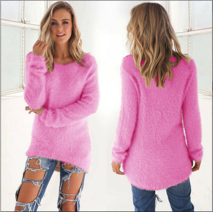 Fuzzy Knit Long Sleeve Sweater Top Round Neck Slim Fit