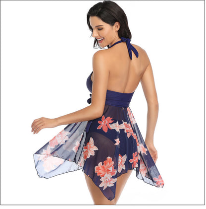 Plus Size Bikini Set - Cross-Back Mesh Skirted Swimwear