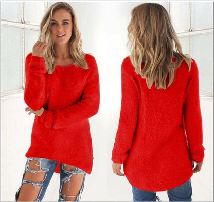Fuzzy Knit Long Sleeve Sweater Top Round Neck Slim Fit