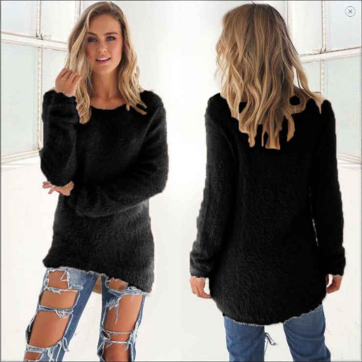 Fuzzy Knit Long Sleeve Sweater Top Round Neck Slim Fit