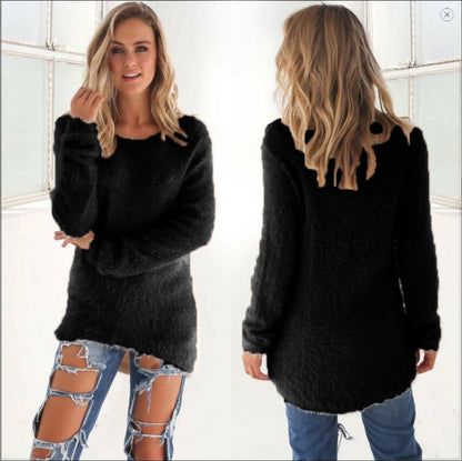 Fuzzy Knit Long Sleeve Sweater Top Round Neck Slim Fit
