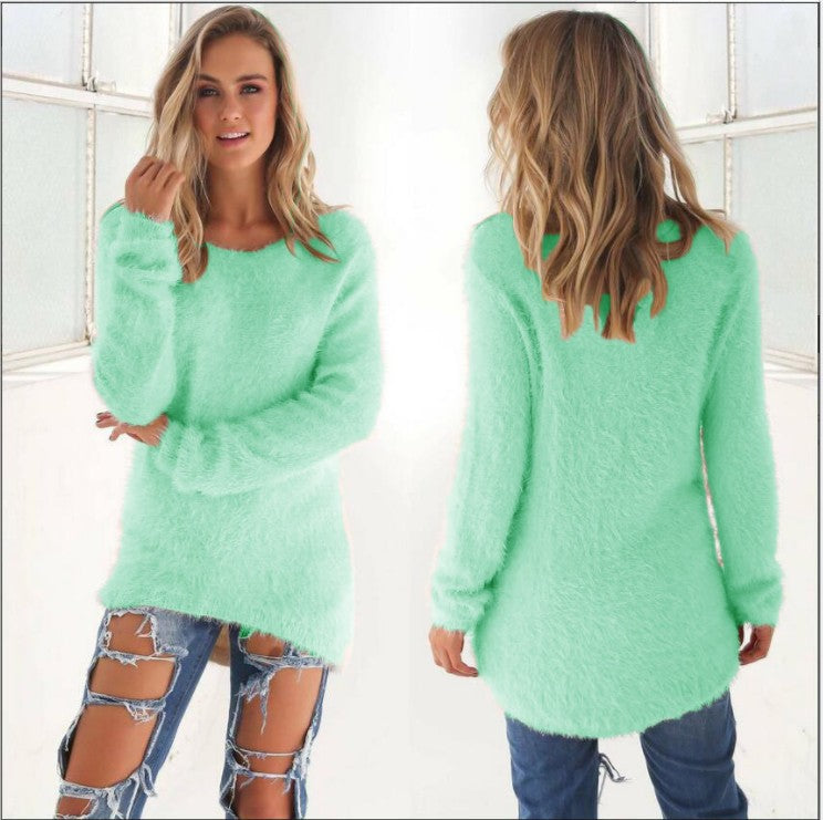 Fuzzy Knit Long Sleeve Sweater Top Round Neck Slim Fit