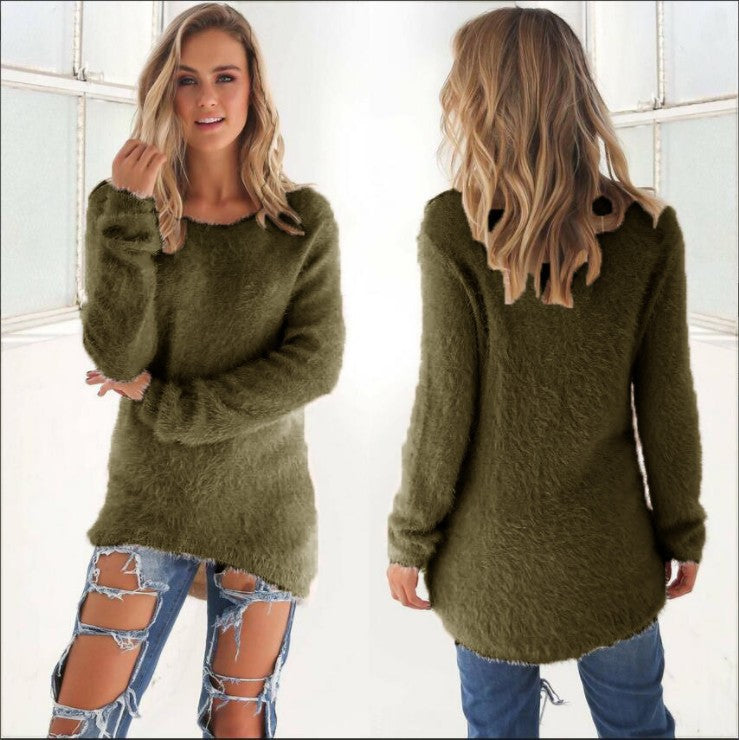 Fuzzy Knit Long Sleeve Sweater Top Round Neck Slim Fit