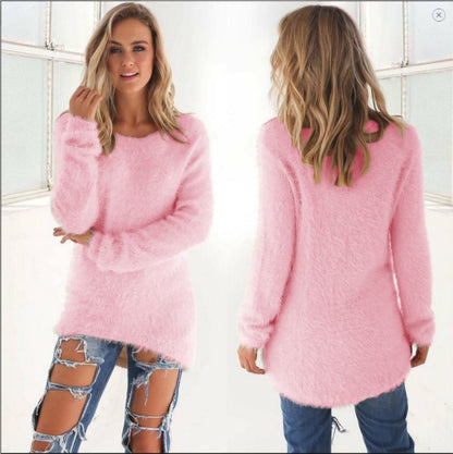 Fuzzy Knit Long Sleeve Sweater Top Round Neck Slim Fit