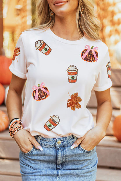 Sequin Pumpkin Coffee Thanksgiving Fall Graphic Tee
