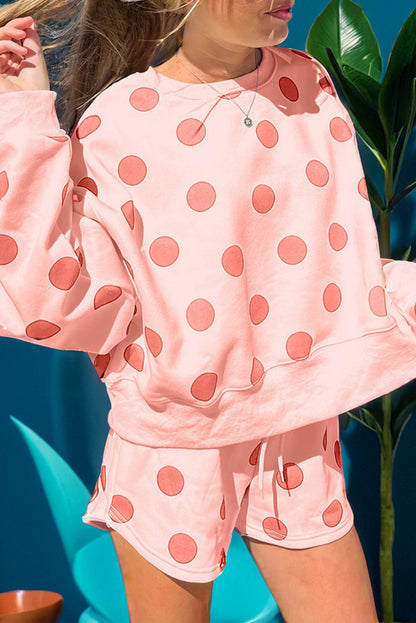 Pink Polka Dot Drop Shoulder Pullover Shorts Set