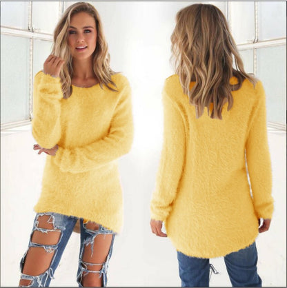 Fuzzy Knit Long Sleeve Sweater Top Round Neck Slim Fit