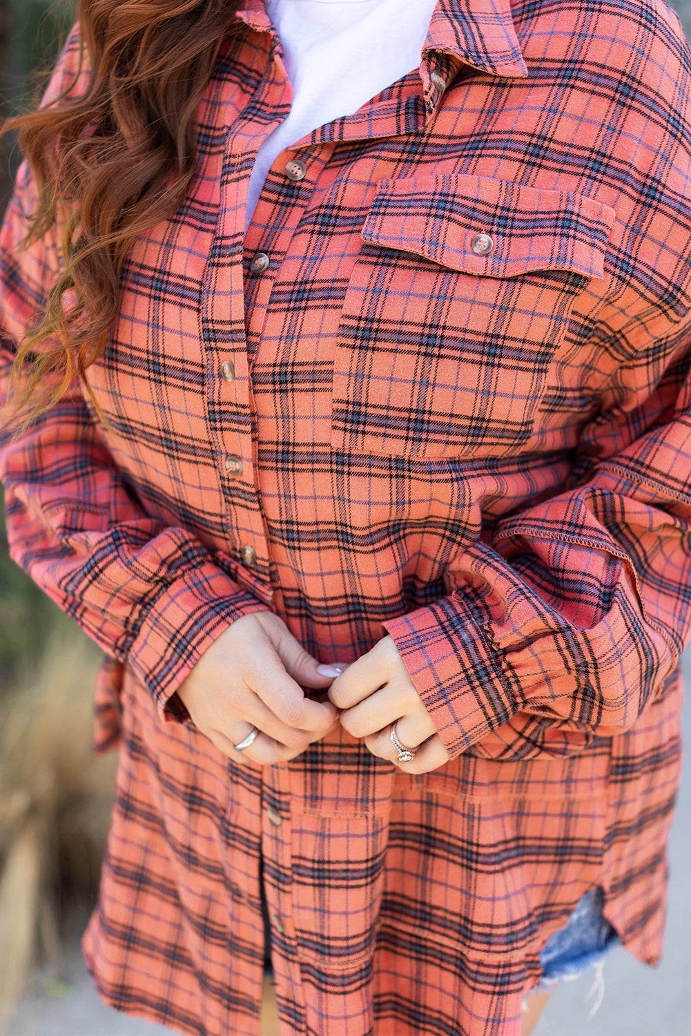 Plaid Long Sleeeve Side Split Distressed Hem Shirt