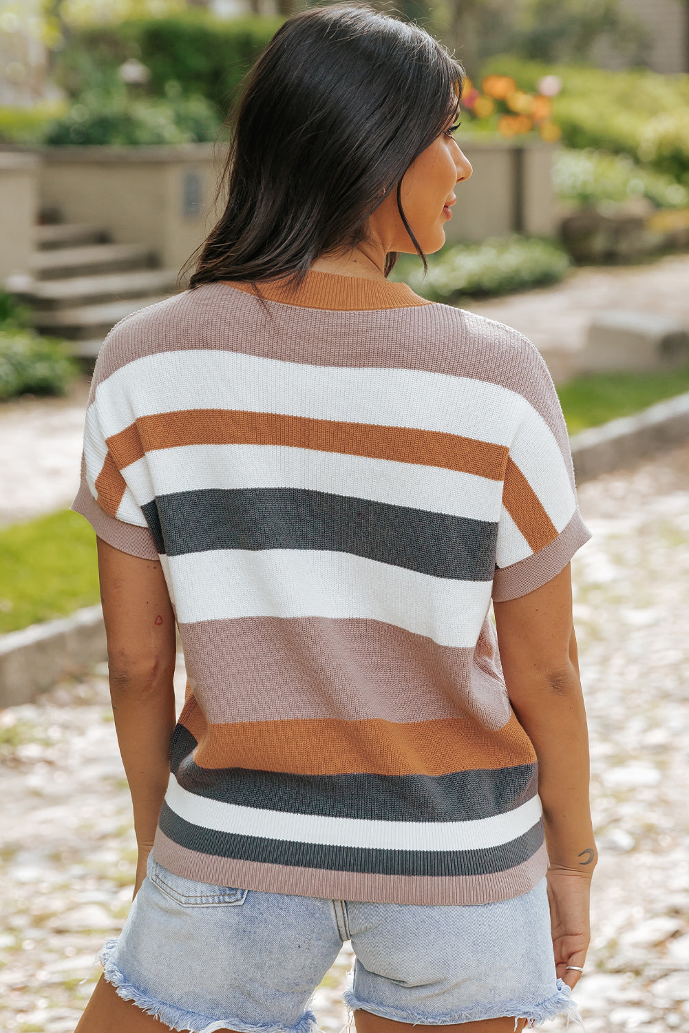 Camel Striped Knit Crew Neck T Shirt Sweater