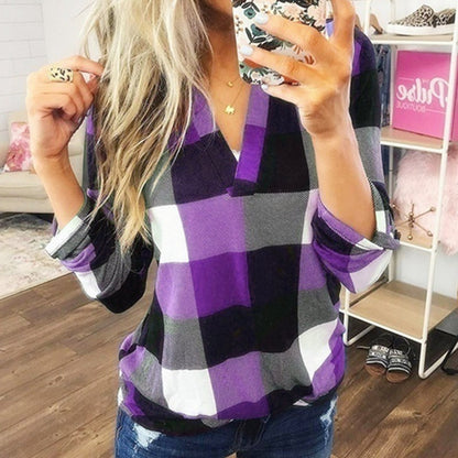 Women's Buffalo Plaid V-Neck Long Sleeve Top