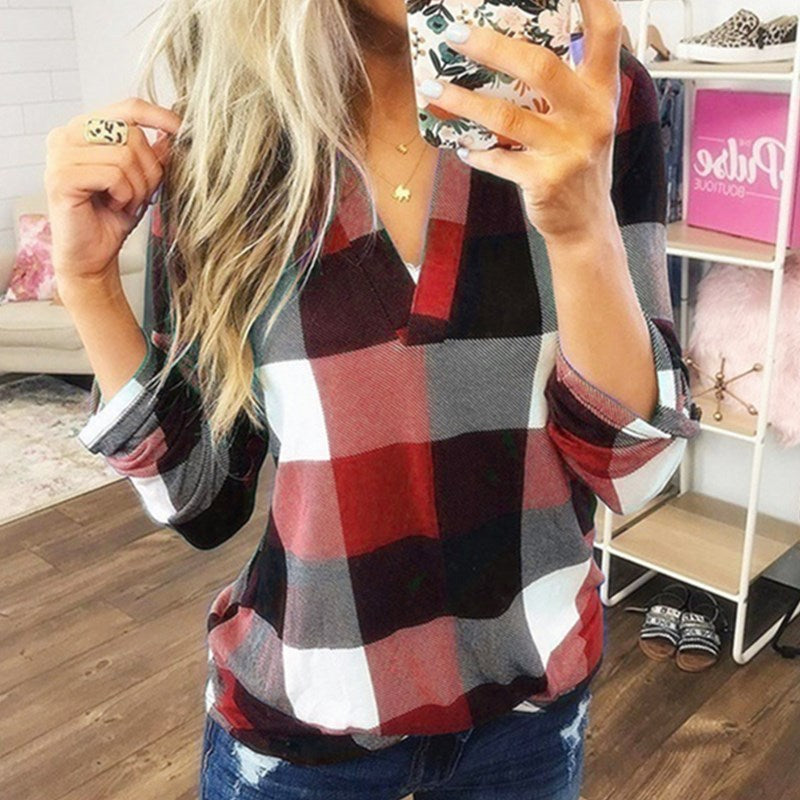 Women's Buffalo Plaid V-Neck Long Sleeve Top