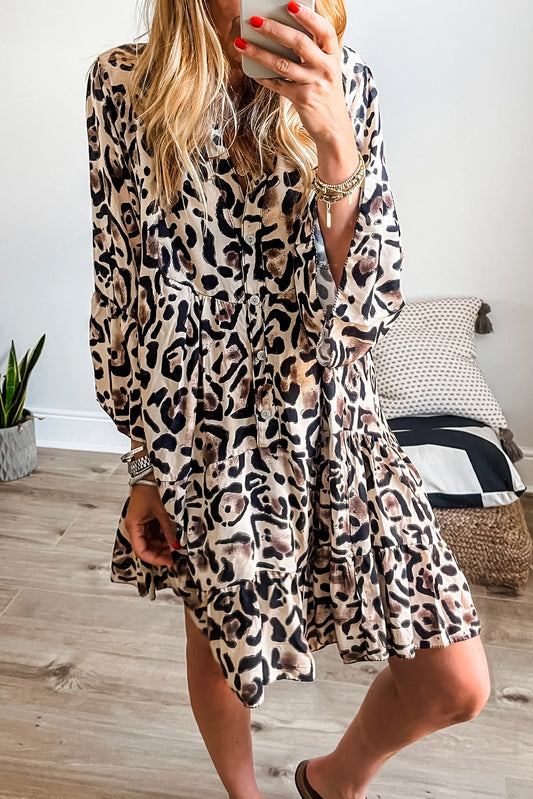 Khaki Leopard Button Front Tiered Ruffle Mini Dress