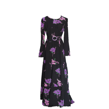 Women's Floral Maxi Dress Long Sleeve Belted Stretchy Flowy