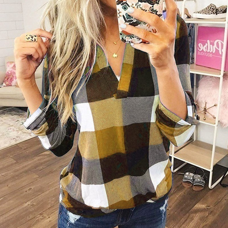Women's Buffalo Plaid V-Neck Long Sleeve Top