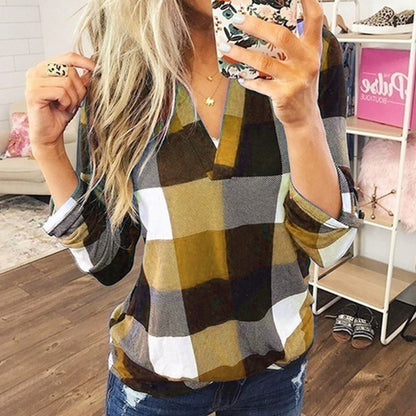 Women's Buffalo Plaid V-Neck Long Sleeve Top