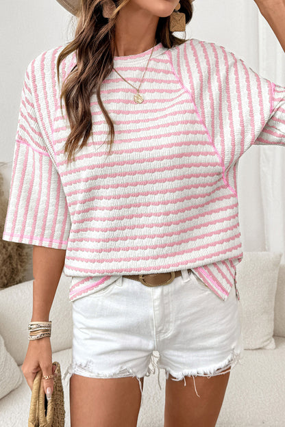 Apricot Stripe Textured Loose Fit Short Sleeve Top