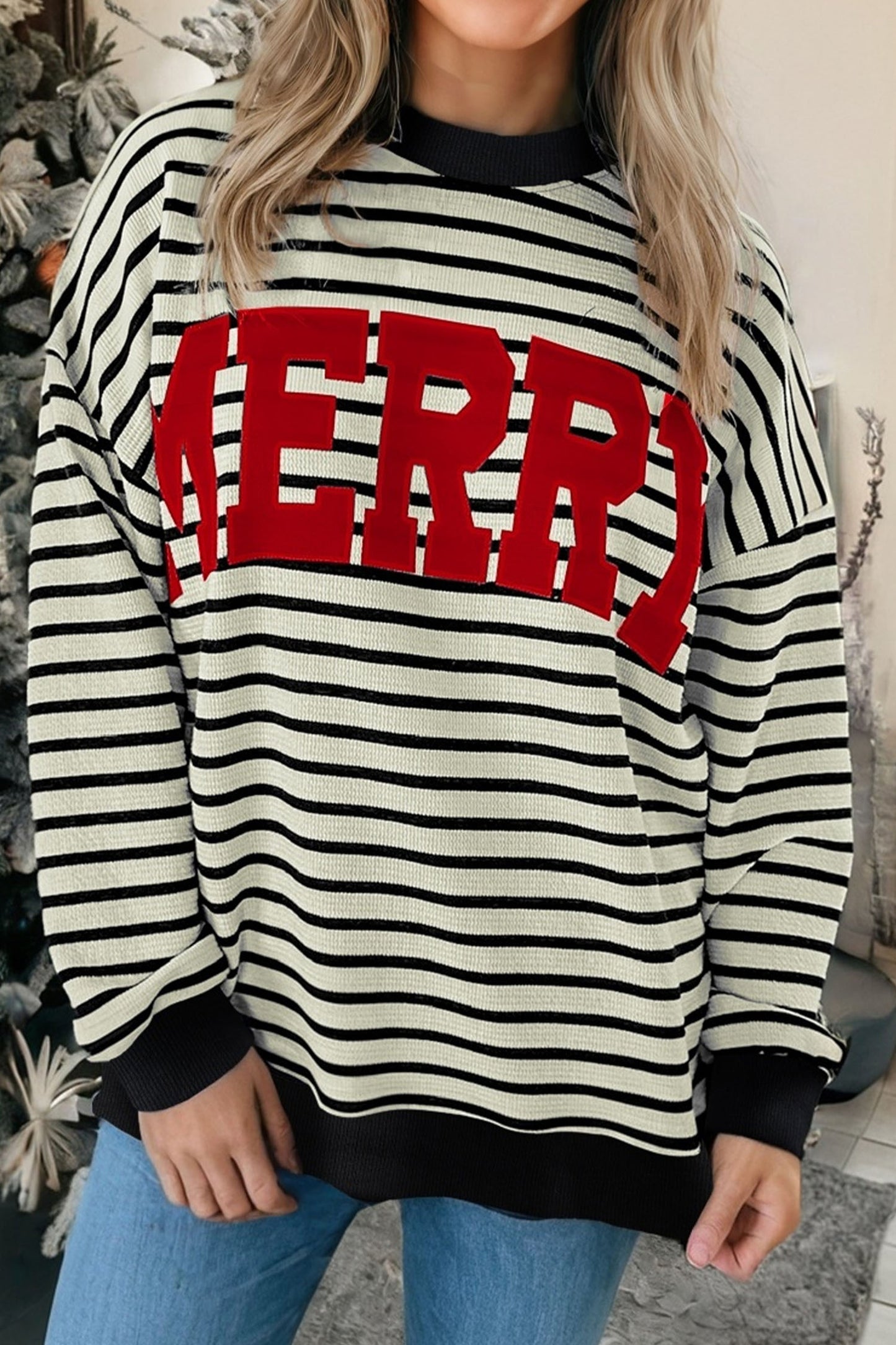 Black Striped MERRY Christmas Sweatshirt Drop Shoulder Pullover
